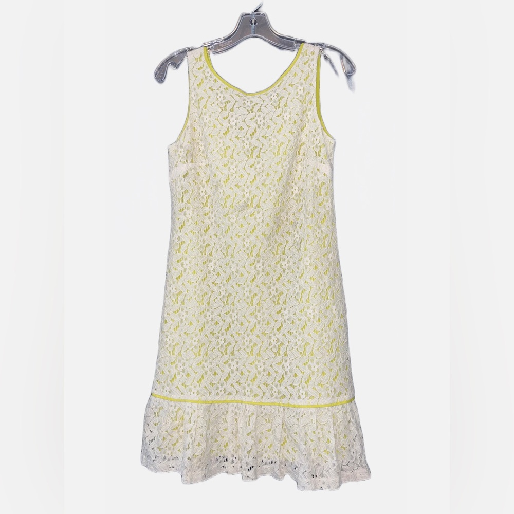 Ann Taylor Loft Beige Yellow Lace Overlay Drop Waist Sleeveless Shift Dress Sz 2